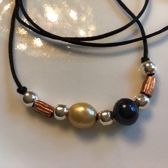 ARTISAN Golden Baroque And Black Pearls with Copper Black Satin 28” Necklace - Picture 2 of 4